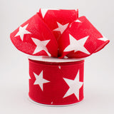 2.5"x10yd Large Stars On Cross Royal Burlap, White/Red  MA14