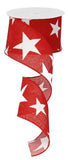 2.5"x10yd Large Stars On Cross Royal Burlap, White/Red  MA14