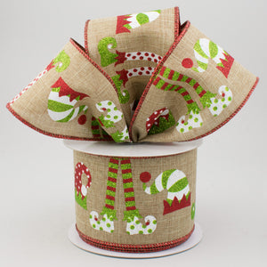 2.5"x10yd Elf Hats And Legs On Royal Burlap, Beige/White/Red/Lime G66