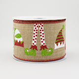 2.5"x10yd Elf Hats And Legs On Royal Burlap, Beige/White/Red/Lime G66