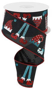 2.5"x10yd Elf Hats And Legs On Royal Burlap, Black/White/Red/Turquoise  B79