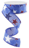 1.5"x10yd Dashed Glitter Star On Royal Burlap, Royal Blue/White/Navy/Red Glitter  AP24