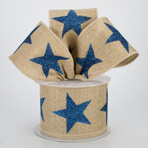 2.5"x10yd Bold Glitter Star On Royal Burlap, Light Beige/Navy Blue   FF28
