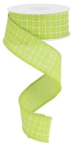 1.5"x10yd Raised Stitched Squares On Royal Burlap, Lime Green/White  MA18