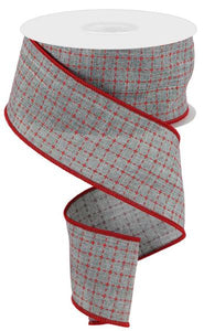 2.5"x10yd Raised Stitched Squares On Royal Burlap, Light Grey/Red  MA15