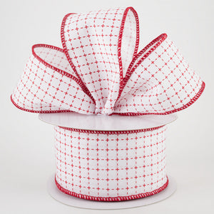 2.5"x10yd Raised Stitched Squares On Royal Burlap, White/Red  B79