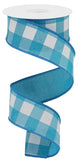 1.5"x10yd Striped Check On Royal Burlap, Turquoise/White  MA7