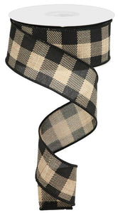 1.5"x10yd Plaid Check On Royal Burlap, Light Beige/Black  B52