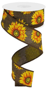 1.5"X10yd Multi Sunflowers On Royal Burlap, Brown/Yellow/Orange/Rust - KRINGLE DESIGNS