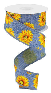 1.5"X10yd Multi Sunflowers On Royal Burlap, Denim/Yellow/Orange/Rust/Brown - KRINGLE DESIGNS