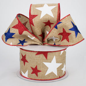 2.5"x10yd Glitter Stars On Royal Burlap, Light Beige/Red/White/Navy  BT9
