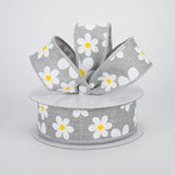 1.5"x10yd Flower Daisy Bold Print On Royal Burlap, Light Grey/White/Yellow MA4