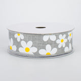 1.5"x10yd Flower Daisy Bold Print On Royal Burlap, Light Grey/White/Yellow MA4