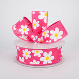 1.5"x10yd Flower Daisy Bold Print On Royal Burlap, Hot Pink/White/Yellow  1A