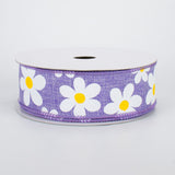 1.5"x10yd Flower Daisy Bold Print On Royal Burlap, Lavender/White/Yellow MA1