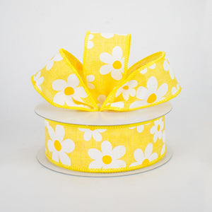 1.5"x10yd Flower Daisy Bold Print On Royal Burlap, Yellow/White/Yellow  MA7