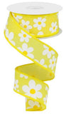 1.5"X10yd Flower Daisy Bold Print On Royal, Yellow/White/Yellow - KRINGLE DESIGNS