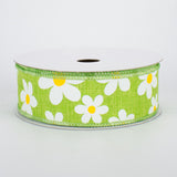 1.5"x10yd Flower Daisy Bold Print On Royal Burlap, Lime Green/White/Yellow  MA4
