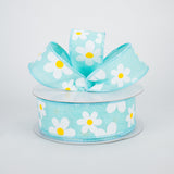 1.5"x10yd Flower Daisy Bold Print On Royal Burlap, Robins Egg/White/Yellow  MA2