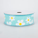 1.5"x10yd Flower Daisy Bold Print On Royal Burlap, Robins Egg/White/Yellow  MA2