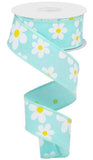 1.5"X10yd Flower Daisy Bold Print On Royal, Robins Egg/White/Yellow - KRINGLE DESIGNS