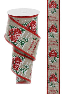 2.5"x10yd Christmas Barn w/Stitch On Royal Burlap, Natural/Red/White/Green  OC30
