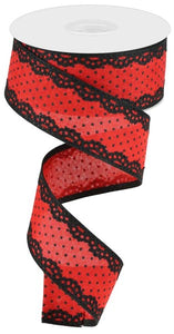 1.5"x10yd Raised Swiss Dots On Royal w/Lace, Red/Black  J45
