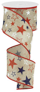 2.5"x10yd Stars Print On Cross Royal Burlap, Red/White/Blue  MA25