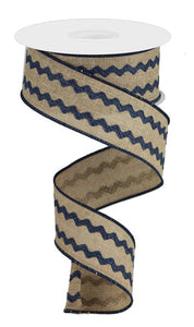1.5"x10yd Ricrac, Wavy Pattern Over Light Beige on Royal Burlap, Light Beige/Navy  OC30