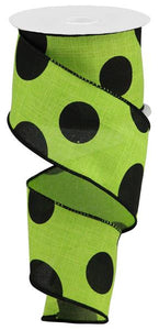 2.5"x10yd Large Polka Dot On Royal Burlap, Lime Green/Black  J43