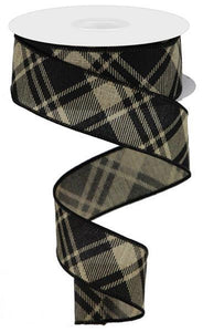1.5"X10yd Diagonal Stripe/Check On Royal, Beige/Black - KRINGLE DESIGNS
