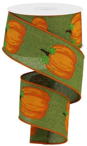 2.5"x10yd Pumpkins With Leaves On Royal Burlap, Moss/Orange/Brown  FF51