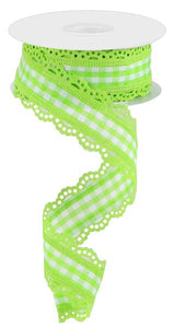 1.5"x10yd Scalloped Edge Gingham Check, Lime Green/White w/Lime Green  FB3D