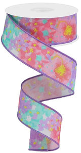 1.5"x10yd Painted Floral On Royal Burlap, White/Pink/Lavender/Yellow  MA93