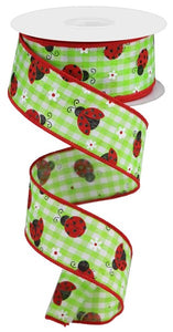 1.5"x10yd Mini Ladybugs On Check, Light Green/Red/White/Black G36