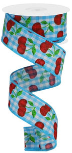 1.5"x10yd Cherries On Gingham Check, Light Blue/White/Red/Green  M40