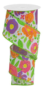 2.5"x10yd Bold Blooms On Royal Burlap, White/Pink/Orange/Purple  MA91