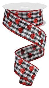 1.5"x10yd Small Glitter Hearts On Check, Black/White/Red  BT8