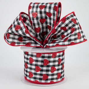 2.5"x10yd Small Glitter Hearts On Check, Black/White/Red  BT7 MY27