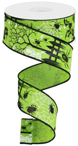 1.5"x10yd Halloween On Royal Burlap, Lime Green/Black/White  OC17