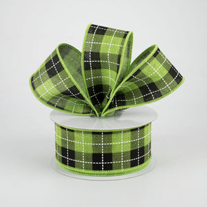 1.5"x10yd Printed Woven Check On Royal Burlap, Fresh Green/Black/White  MA94