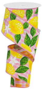 2.5"x10yd Lemons On Woven Check, Pink/White/Yellow/Green  J47