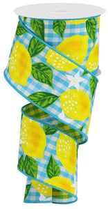 2.5"x10yd Lemons On Woven Check, Light Blue/White/Yellow/Green  MY44