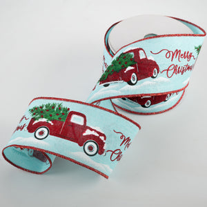 2.5"x10yd Merry Christmas w/Truck On Royal, Ice Blue/Red/Green/Black  S13