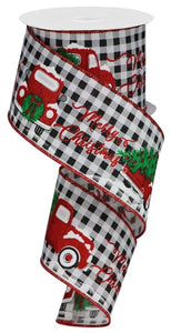 2.5"x10yd Merry Christmas Trucks On Gingham, Black/White/Red/Green  FF94 OC16