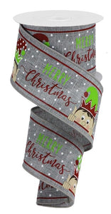 2.5"x10yd Peeking Elf On Royal Burlap, Grey/Red/Green  G67