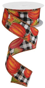 1.5"x10yd Pumpkin w/Leaves On Check, White/Orange/Yellow/Moss Green  BT8