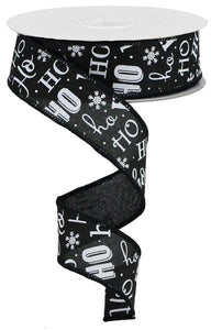 1.5"x10yd Ho Ho Ho On Royal Burlap, Black/White  FF41