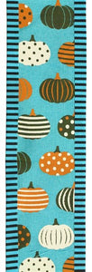 1.5"x10yd Pumpkins On Royal w/Striped Edge, Light Teal/Brown/Orange/Cream  BT11D