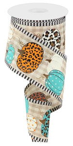 2.5"x10yd Leopard Pumpkins w/Thin Stripe, Beige/Cream/Turquoise/Orange/Black/White  B28